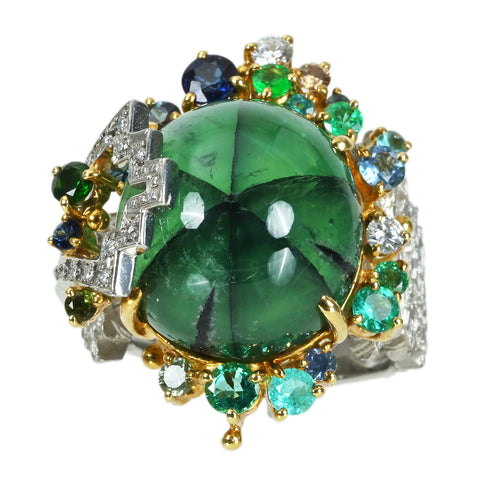 【中古】福原佐知 PT900/K18YG TRAPICHE EMERALDトラピチェエメラルドリング E20.048ct D0.24ct 保証書 23.2g #15