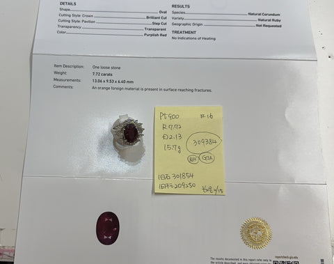 【中古】PT900 NO HEAT RUBY RING 非加熱ルビーリング R7.72ct D2.13ct GIA鑑別書 15.7g #16