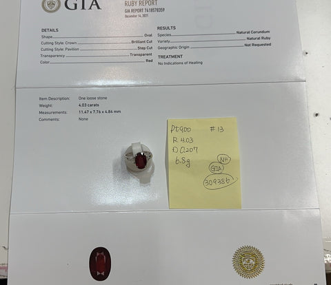 【中古】PT900 NO HEAT RUBY RING 非加熱ルビーリング R4.03ct D0.207ct GIA鑑別書 6.8g #13