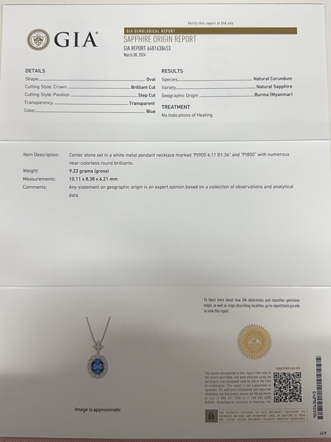 【中古】PT850/PT900 SAPPHIRE ビルマ産非加熱サファイアペンダントネックレス S4.11ct D1.36ct GIA鑑別書 9.3g