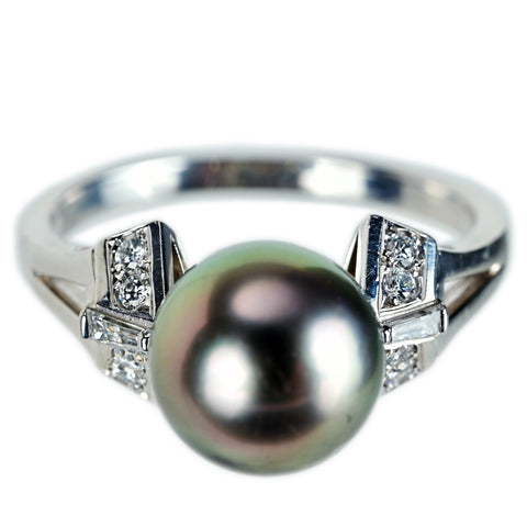 【中古】MIKIMOTO ミキモト Pt900 PEARL 黒蝶パールリング 10.0mm D0.22ct 6.3g #16