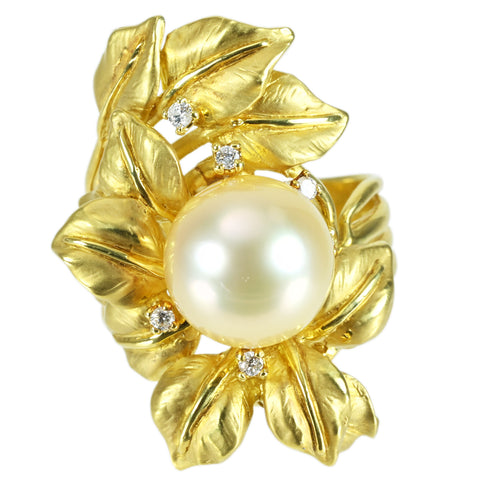【中古】 K18YG GOLDEN PEARL RING 南洋ゴールデンパールリング P11.7mm D0.12ct 18.3g #19.5