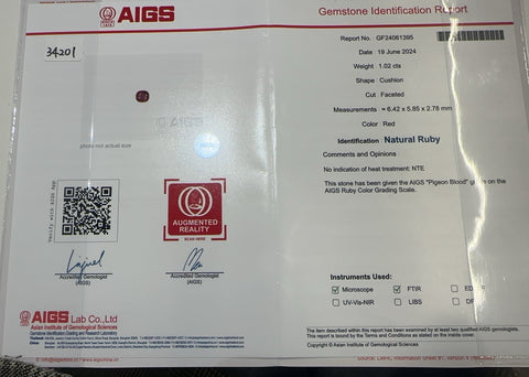 【中古】K18WG RUBY ルビーリング ピジョンブラッド 非加熱 R1.02ct D0.30ct  3.6g #14 AIGS鑑別書付き