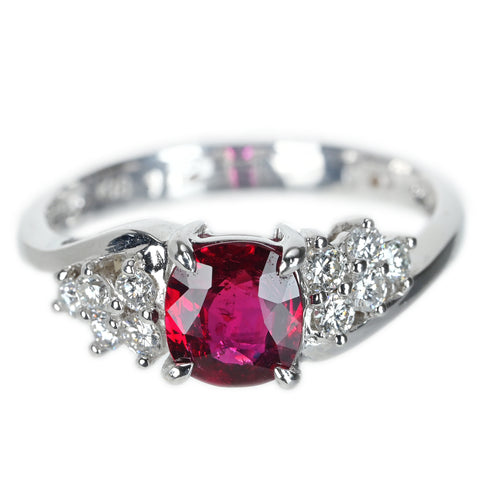 【中古】K18WG RUBY ルビーリング ピジョンブラッド 非加熱 R1.02ct D0.30ct  3.6g #14 AIGS鑑別書付き