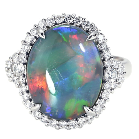 【中古】K18WG BLACK OPAL RING ブラックオパールリング BO6.60ct D0.58ct 7.4g #14.5