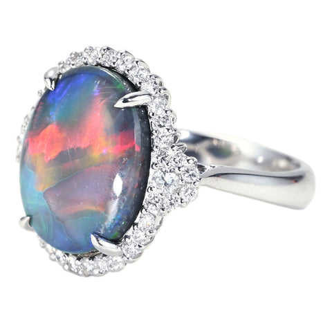 【中古】K18WG BLACK OPAL RING ブラックオパールリング BO6.60ct D0.58ct 7.4g #14.5