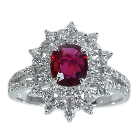 【中古】K18WG RUBY非加熱ルビーリング R1.08ct D0.89ct AIGSピジョンブラッド 4.1g #12.5