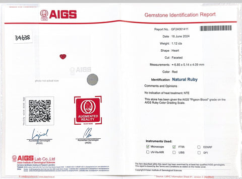 【中古】K18WG RUBY 非加熱ハートシェイプルビーリング R1.12ct D0.32ct AIGS”ピジョンブラッド”鑑別書 3.1g #13.5