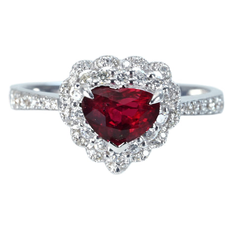 【中古】K18WG RUBY 非加熱ハートシェイプルビーリング R1.12ct D0.32ct AIGS”ピジョンブラッド”鑑別書 3.1g #13.5