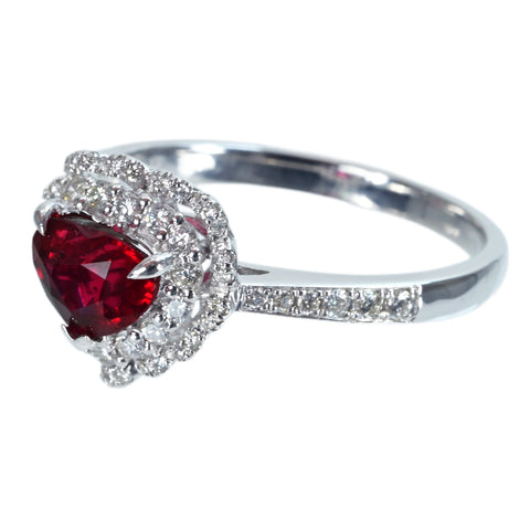 【中古】K18WG RUBY 非加熱ハートシェイプルビーリング R1.12ct D0.32ct AIGS”ピジョンブラッド”鑑別書 3.1g #13.5