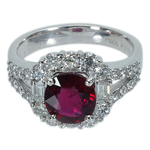 【中古】PT900 RUBYマダガスカル産非加熱ルビーリング R2.12ct D1.10ct GRS鑑別書 7.9g #13