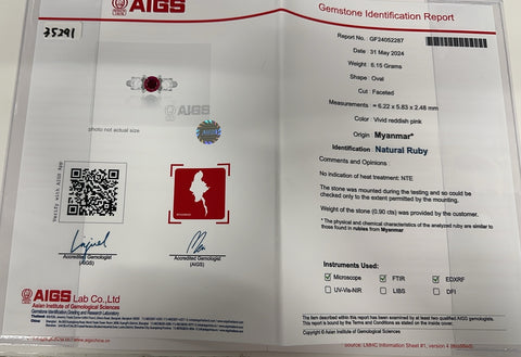【中古】PT850 Myanmar NON HEAT RUBY RING ミャンマー（ビルマ）産非加熱ルビーリング R0.90ct D0.70ct AIGS鑑別書 6.1g #11
