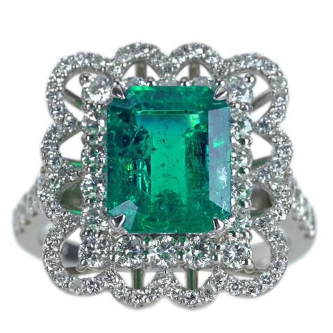 【中古】PT900 EMERALD エメラルドコロンビア産 ヴィヴィッドグリーン リング E2.61ct D1.13ct GRS鑑別書 #12 8.0g