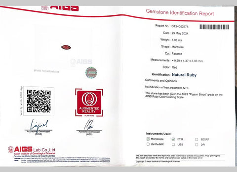 Pre-owned 18K White Gold Unheated Ruby Ring, 1.03ct R, 0.19ct D, AIGS Pigeon Blood Certificate, 3.0g, #14 