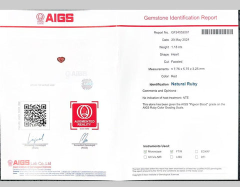 Pre-owned 18K White Gold Unheated Ruby Ring, 1.18ct R, 0.53ct D, AIGS Pigeon Blood, Certificate of Authenticity, 3.2g, #14 