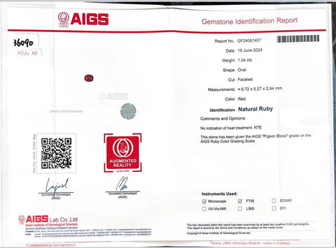 Pre-owned 18K White Gold Unheated Ruby Ring, 1.04ct R, 0.50ct D, AIGS Pigeon Blood Certificate, 3.3g, #13.5 