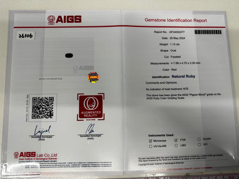 【中古】K18WG NO HEAT RUBY 非加熱ルビーリング R1.13ct D0.12ct AIGSピジョンブラッド 鑑別書 3.5g #13