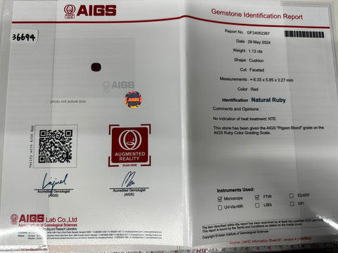 Pre-owned 18K White Gold Unheated Ruby Ring, 1.12ct R, 0.75ct D, AIGS Pigeon Blood Certificate, 4.1g, #13 