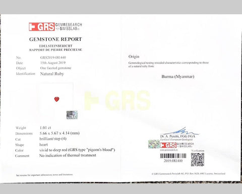 Pre-owned 18K White Gold/Yellow Gold Myanmar Ruby Ring, Unheated, 1.01ct Pigeon Blood, GRS Certificate, 6.2g, #11 