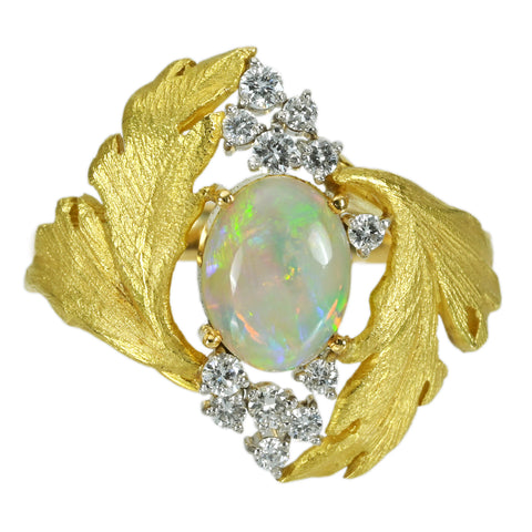 【中古】K18YG/PT900 WHITE OPAL オパールリング OP1.09ct D0.28ct 7.7g #14