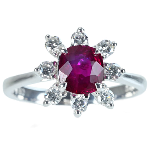 Pre-owned 18K White Gold Mogok Mynmar Ruby Ring, Burmese Mogok Ruby, 1.30ct R, 0.42ct D, Pigeon Blood, GRS Certificate, 3.6g, #14 