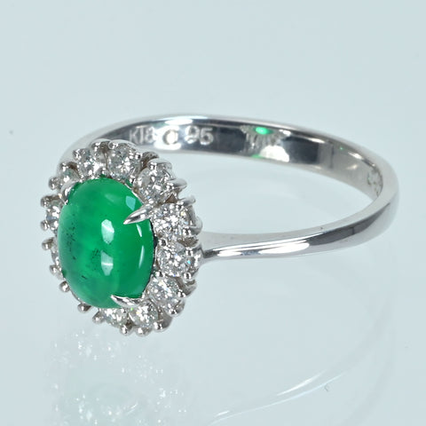 【中古】K18WG EMERALD エメラルドキャッツアイリング E0.95ct D0.42ct 3.0g #14