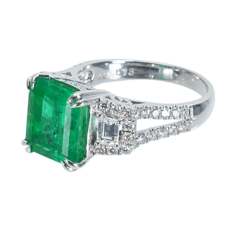 [Pre-owned] 18K White Gold Colombian Emerald Ring, E5.13ct, D1.10ct, GRS Certificate, 6.9g, #15 