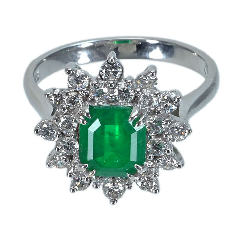 【中古】K18WG EMERALD エメラルドリング E1.28ct D0.75ct 4.9g #13.5