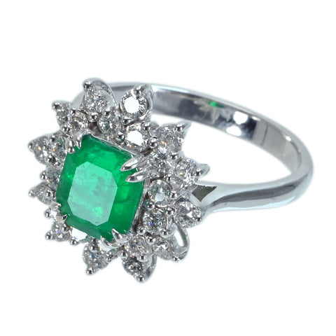 【中古】K18WG EMERALD エメラルドリング E1.28ct D0.75ct 4.9g #13.5