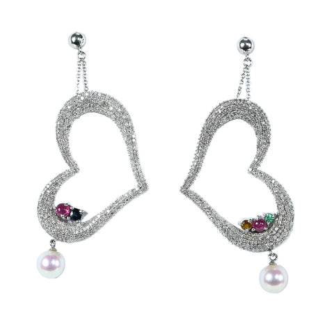 【中古】K18WG アコヤパール エメラルド/サファイア/ルビー/ダイヤモンドピアス P6.8mm D1.03ct+D1.03ct 12.6g