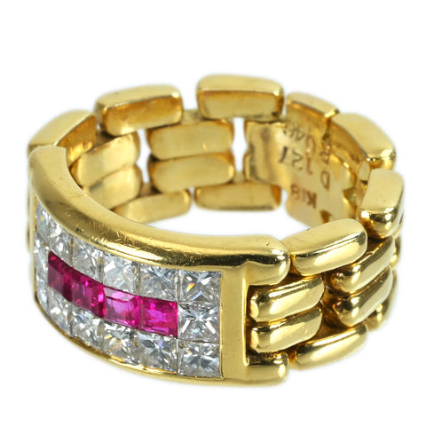 【中古】K18YG RUBY RING ルビー/ダイヤモンド インヴィジブルセッティング チェーンリング R0.46ct D1.27ct 11.6g #13.5