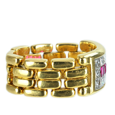 【中古】K18YG RUBY RING ルビー/ダイヤモンド インヴィジブルセッティング チェーンリング R0.46ct D1.27ct 11.6g #13.5