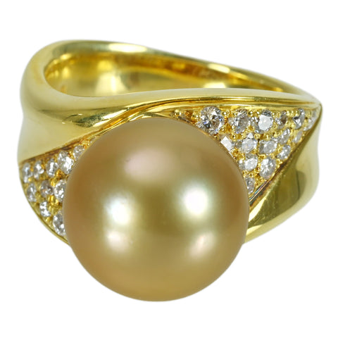 【中古】K18YG GOLDEN PEARLゴールデンパールリング P12.0mm D0.60ct 11.3g #12