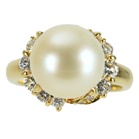 【中古】K18YG PEARL RING 南洋パールリング P10.9mm D 0.63ct 7.6g #8.5