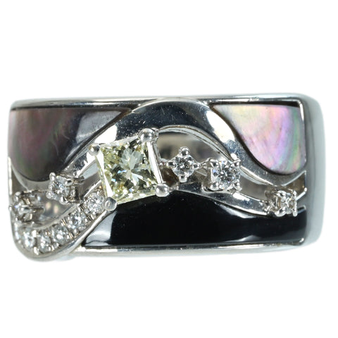 【中古】K18WG/シェル/オニキス DIAMOND RING ダイヤモンドリング D0.29ct D0.13ct 11.8g #12.5