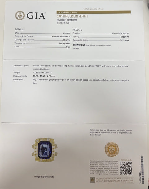 [Pre-owned] 18K Yellow Gold Sapphire Ring with Sri Lankan Sapphire, S8.26ct, D3.15ct, GIA Certificate, 13.8g, #13 