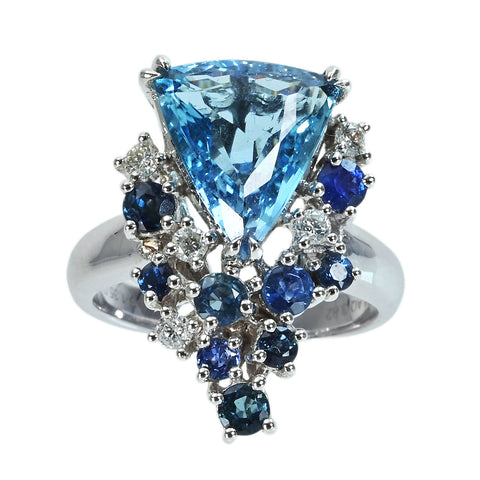 【中古】K18WG AQUAMARINEアクアマリンリング AQ3.82ct S1.35ct D0.22ct 8.7g #14