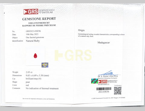 Pre-owned 18K White Gold Ruby Pendant Necklace with Unheated Madagascar Ruby, 2.03ct R, 0.52ct D, GRS Certificate, 4.8g 