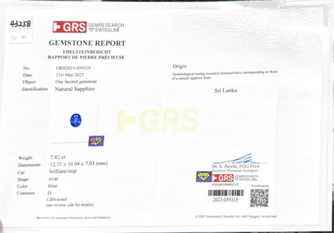 Pre-owned 18K White Gold Sapphire Ring, Sri Lankan Sapphire 7.82ct, D0.59ct, GRS Certificate, 6.6g, #12.5