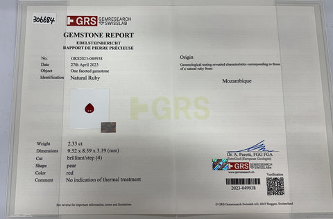 Pre-owned 18K White Gold Ruby Ring, Unheated Mozambique Ruby, 2.33ct R, 0.68ct D, GRS Certificate, 4.4g, #12.5 