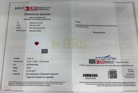 【中古】K18WG NO HEAT RUBY モザンビーク産非加熱ルビーリング R2.02ct D1.51ct GRS鑑別書 6.5g #13.5