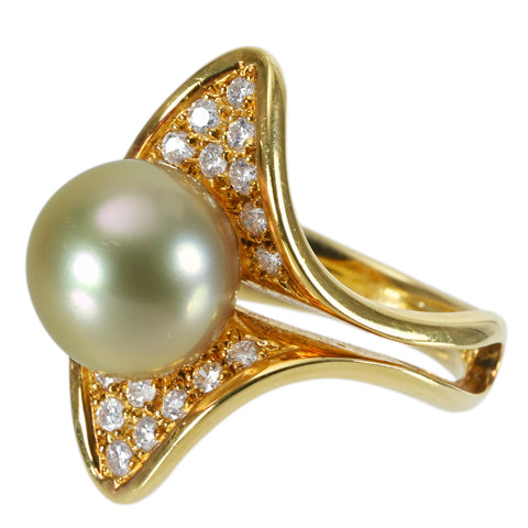 【中古】K18YG PEARLパールリング 10.6mm D0.40ct 8.4g #11.5