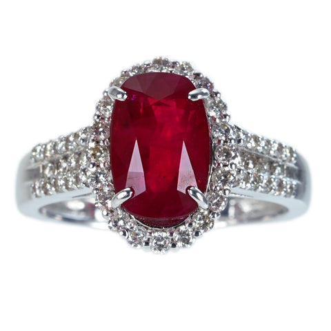 Pre-owned 18K White Gold Myanmar Ruby Ring, 4.00ct (R) x 0.55ct (D) ruby ​​from Myanmar (Burma), Pigeon Blood, GRS Certificate, 4.9g 