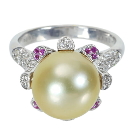 【中古】K18WG GOLDEN PEARL白蝶パールリング 11.5mm D0.95ct S0.08ct  8.0g #12