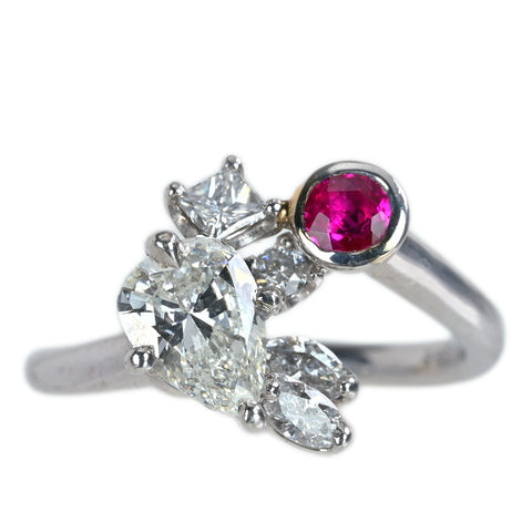 【中古】K18WG DIAMOND ダイヤモンド・ルビーリング 0.886ct Iカラー SI2クラス 中央宝石研究所ソD0.57ct R0.29ct 6.0g  #13