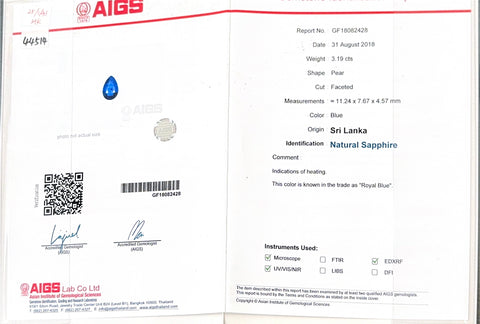 Pre-owned 18K White Gold Sapphire Ring, Sri Lankan Sapphire 3.19ct, D0.28ct, Royal Blue, AIGS Certificate, 8.3g, #13 