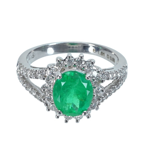 【中古】K18WG EMERALD エメラルドリング E1.51ct D0.55ct 4.1g #10.5