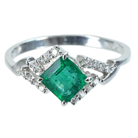 【中古】K18WG EMERALD エメラルドリング E0.921ct D0.15ct 2.5g #13