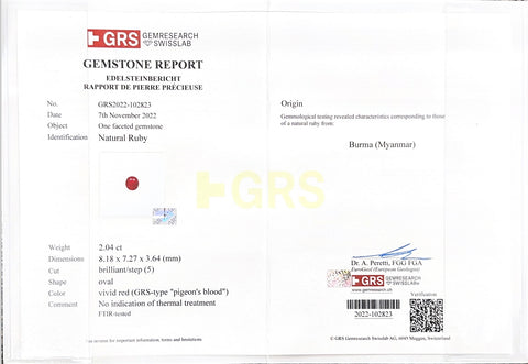 Pre-owned 18K White Gold Ruby Ring, Unheated Burmese Ruby, 2.04ct R, 3.52ct D, GRS "Pigeon Blood" with Certificate of Authenticity, 11.3g, #11 