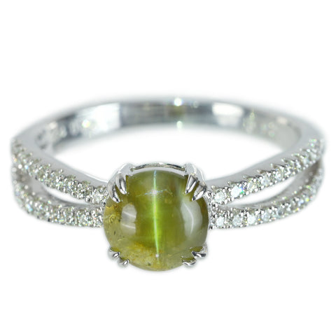【中古】K18WG CATS EYE クリソベリルキャッツアイリング CE1.76ct D0.20ct 3.1g #13.5